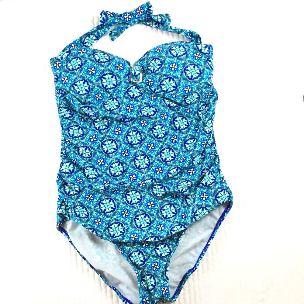 Spanx Assets Swimsuit Teal Push Up One Piece Halter Shaping Power Mesh Boost XL